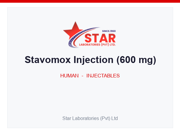 Stavomox Injection (600 mg) — Amoxicillin 500 mg, Clavulanic acid (as potassium) 100 mg — Human Injectable — by Star Laboratories