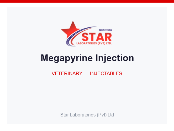 Megapyrine Injection — Metamizole (Methampyrone) 200 mg + Aminopyrine 50 mg + Caffeine 20 mg + Sodium Benzoate 20 mg + Chlorpheniramine 2 mg (per ml) — Veterinary Injectable — by Star Laboratories