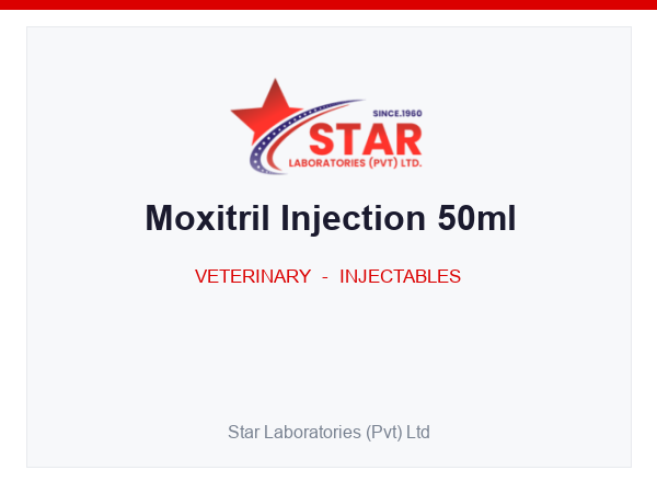 Moxitril Injection 50ml — Amoxicillin Trihydrate 100 mg, Colistin Sulphate 250,000 IU (per mL) — Veterinary Injectable — by Star Laboratories