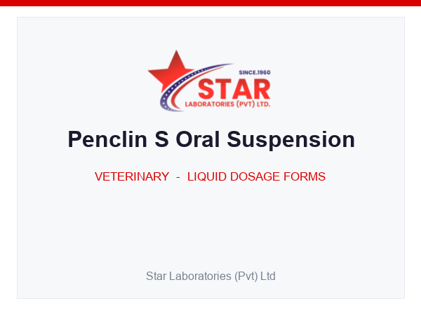 Penclin S Oral Suspension — Sulphadiazine 35.50 mg/mL, Sulphadimidine 28.40 mg/mL, Neomycin Sulphate 1.80 mg/mL, Hyoscine Methylbromide 0.04 mg/mL, Pectin 7.10 mg/mL, Kaolin 103.30 mg/mL, Vitamin B1 0.15 mg/mL, Vitamin B2 0.22 mg/mL — Veterinary Liquid Dosage Form — by Star Laboratories