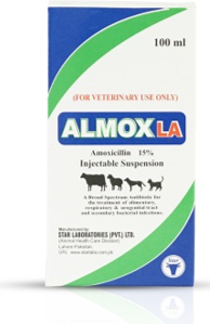 Almox 15% LA Injection — Amoxicillin (as trihydrate) equivalent to 150 mg amoxicillin base (per ml) — Veterinary Injectable — by Star Laboratories